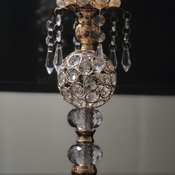 Set of Two 14" Tall Golden Gold Crystal Candlesticks Holders for Home Decor - Picture 6 of 8